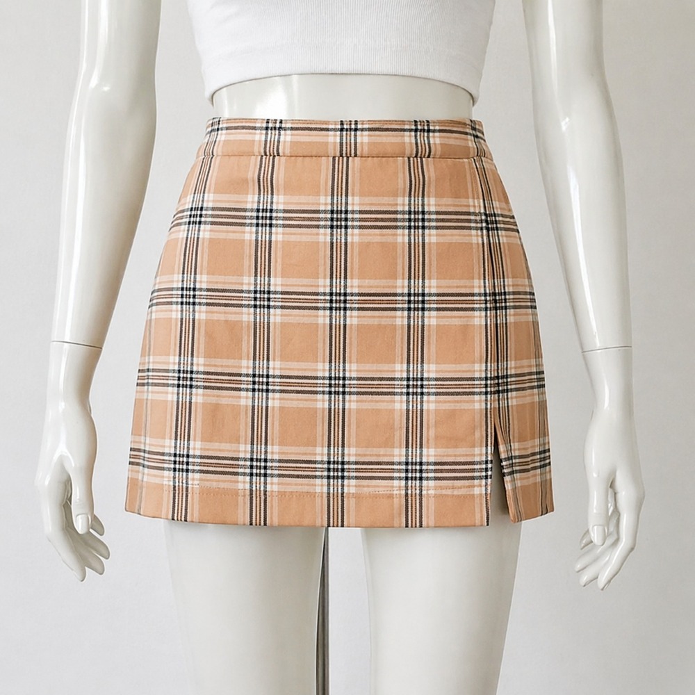 Old Money Plaid Mini Skirt Preppy Quiet Luxury Tartan Side Slit Small